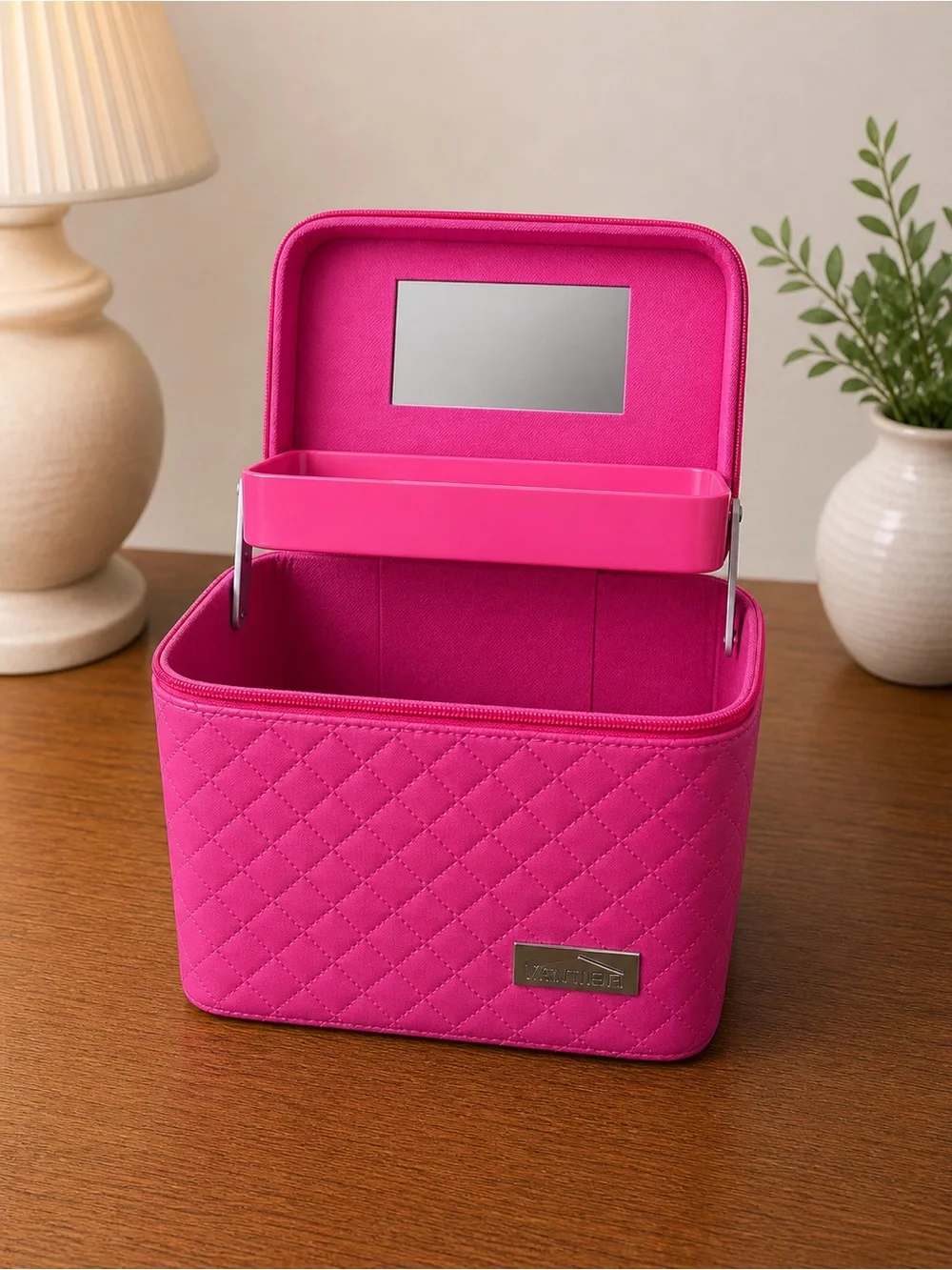 Quilted Pink Makeup Organizer Case with Mirror